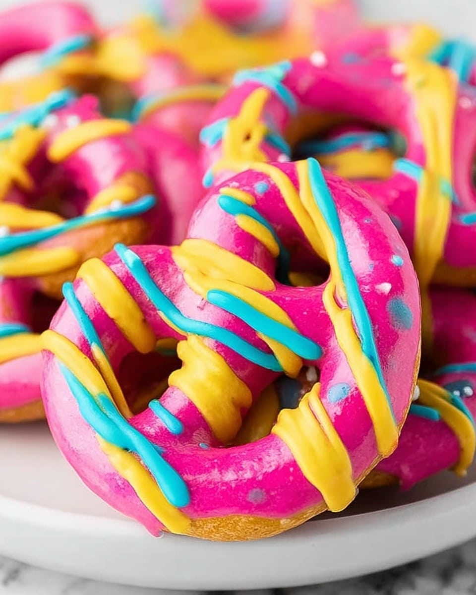 Large white bowl overflowing with an assortment of colorful pretzels coated in vibrant pink, yellow, and blue icing, each pretzel decorated with contrasting drizzle lines in complementary colors, arranged to showcase their playful shapes and glossy texture, shot from a professional 3/4 angle on a white marble background with natural lighting, capturing the entire bowl and its festive contents in a bold food magazine hero shot style, photo taken with an iphone --ar 4:5 --v 7