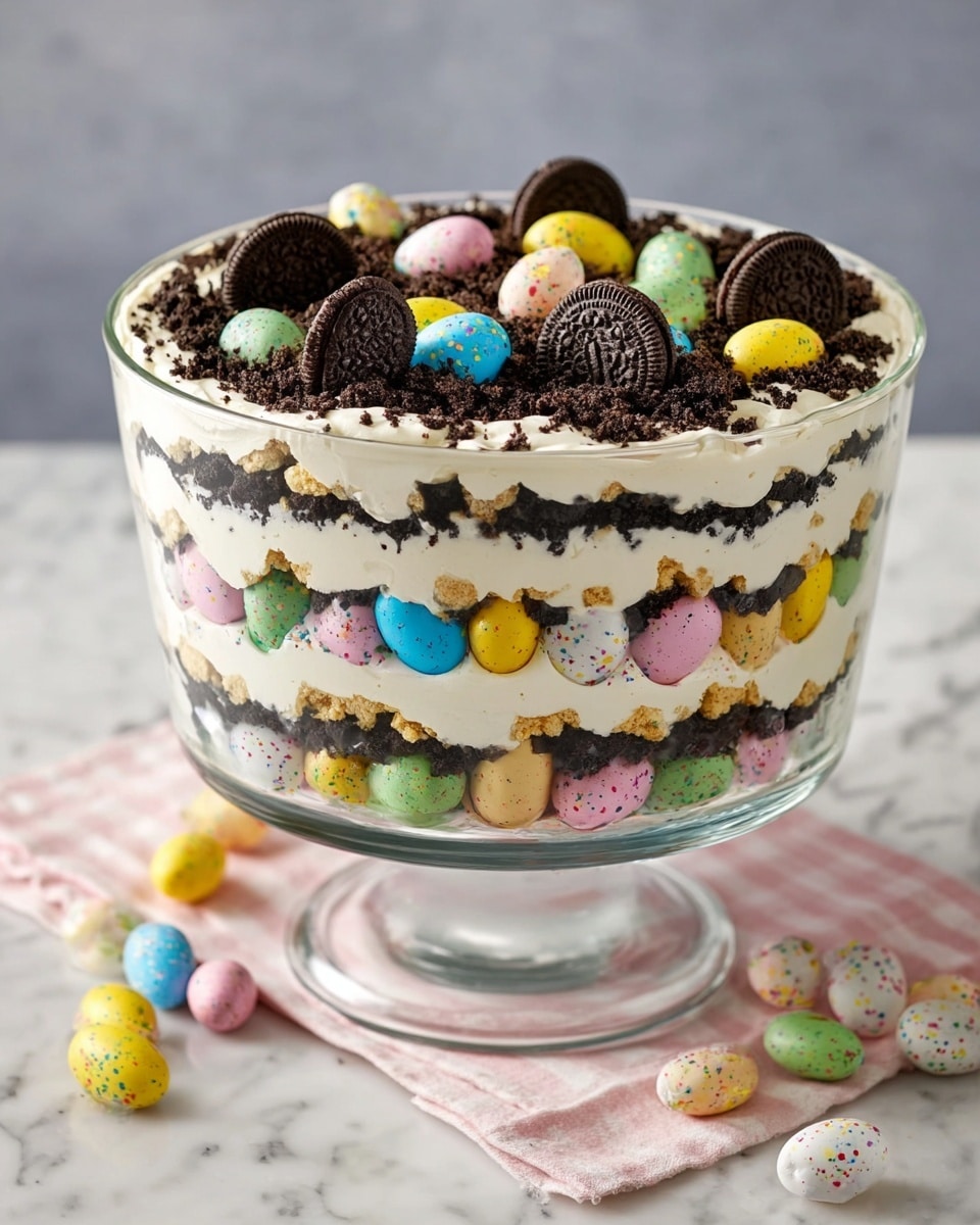 Large white glass trifle bowl filled with a multi-layered dessert featuring creamy white frosting mixed with colorful pastel candy-coated chocolate eggs, alternating with rich, dark chocolate cookie crumbs, topped with whole mini chocolate sandwich cookies and more colorful speckled candy eggs, the entire uncut dessert showcased from a 3/4 angle on a white marble background with natural lighting, styled like a hero shot from a food magazine, photo taken with an iphone --ar 4:5 --v 7