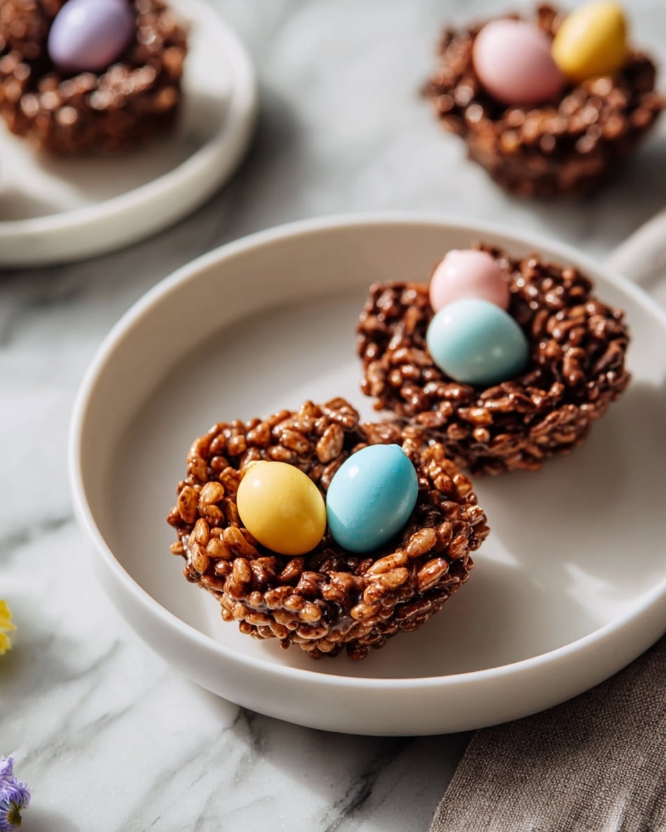 A large white rectangular serving platter filled with multiple chocolate crispy nests arranged neatly in rows, each nest textured with clusters of chocolate-coated cereal and holding several pastel-colored candy eggs in soft yellows, blues, pinks, and whites, the whole presentation seen from a slight 3/4 angle on a white marble countertop under natural lighting, styled as a professional food magazine hero shot, photo taken with an iphone --ar 4:5 --v 7