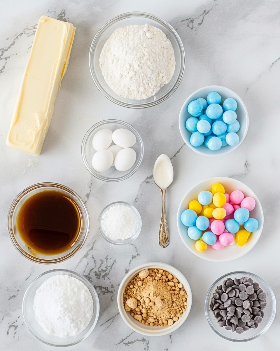 Single white plate showcasing one pastel pink Easter egg-shaped treat with a delicate crack on the surface, topped with a colorful sprinkle cluster of tiny round candy pearls in yellow, blue, white, and pink. The close-up view highlights the smooth, slightly textured shell and the festive decoration, all set against a white marble background with natural soft lighting, styled like an individual serving from a food blog, photo taken with an iphone --ar 4:5 --v 7