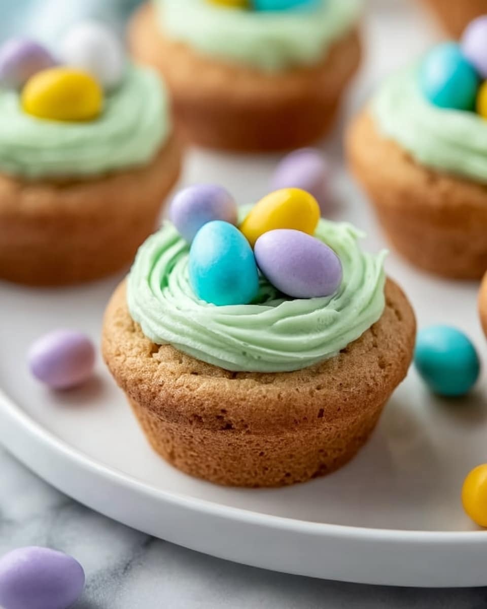 A white round platter beautifully arranged with a full batch of freshly baked golden cupcakes, each topped with generous swirls of pastel green frosting elegantly piped to resemble bird nests, adorned with colorful speckled candy eggs in vibrant shades of blue, purple, yellow, and pink. The cupcakes are full-sized and uniformly spaced to showcase the complete collection, captured from a 3/4 angle on a white marble countertop, bathed in soft natural light, styled as a professional food magazine hero shot. Photo taken with an iphone --ar 4:5 --v 7