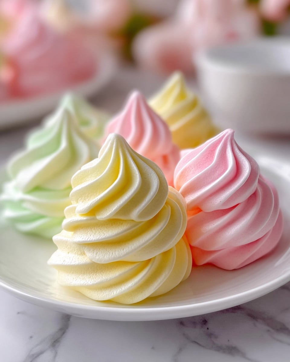 Large white serving plate piled high with an assortment of colorful pastel meringue cookies in soft green, yellow, pink, and white hues, each with a classic swirled peak texture, perfectly arranged as a whole collection, photographed from a close 3/4 angle on a white marble countertop with delicate natural lighting, styled like a hero food magazine shot, photo taken with an iphone --ar 4:5 --v 7