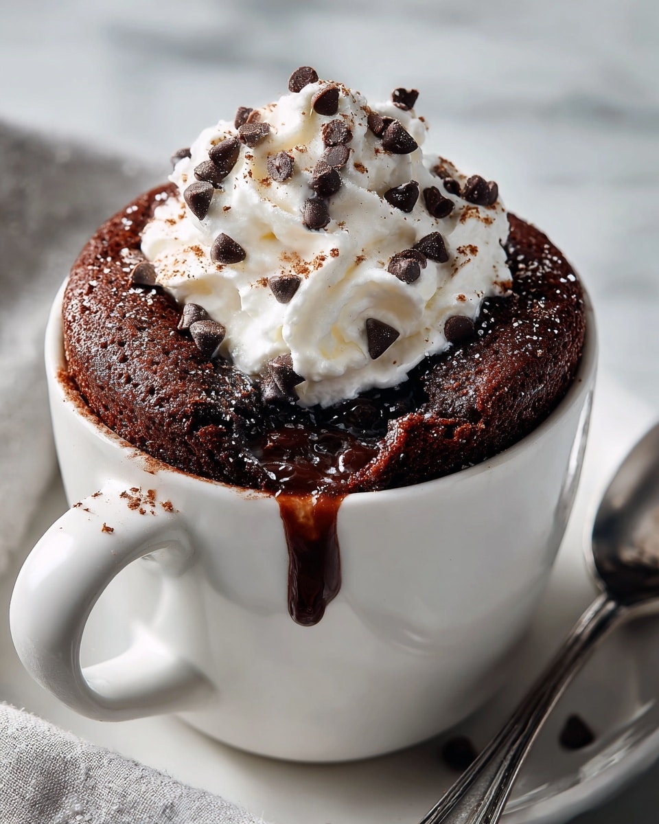 Large white ceramic mug filled with a freshly baked, whole chocolate mug cake topped with a generous dollop of whipped cream and scattered shiny chocolate chips, the rich chocolate sponge visible with melted chocolate oozing slightly on top, photographed with natural lighting on a white marble countertop, professional food styling, hero shot photo taken with an iphone --ar 4:5 --v 7