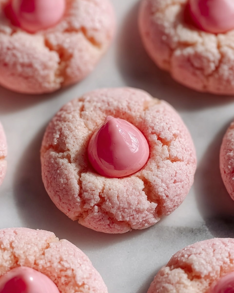 White plate heaped with a full dozen of pink strawberry cookies, each cookie featuring a cracked soft texture and topped with a smooth, glossy dollop of strawberry-flavored icing in the center, surrounded by fresh whole and halved strawberries scattered gently on a pristine white marble countertop, natural sunlight softly highlighting the delicate pastel pink hues and fine details of the cookies, professional food magazine hero shot from a 3/4 angle, whole dish in full frame photo taken with an iphone --ar 4:5 --v 7