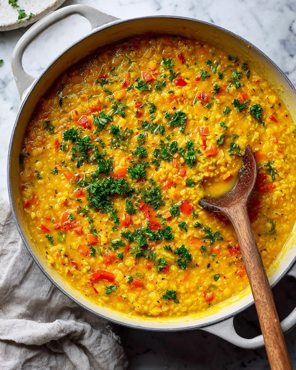Large white deep pan filled to the brim with vibrant yellow lentil curry, studded with bright red bell peppers and finely chopped fresh parsley scattered generously on top, the thick texture evident with visible whole lentils and soft chunks of cooked vegetables, photographed from a professional 3/4 angle on a white marble countertop with natural lighting, styled as a hero food magazine shot, the entire dish fully visible and inviting, photo taken with an iphone --ar 4:5 --v 7