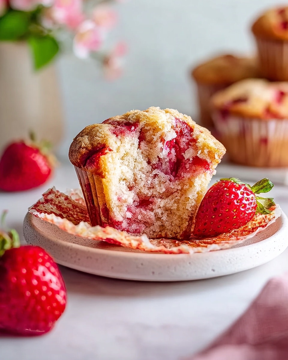 A white rectangular platter neatly arranged with a full batch of six strawberry muffins, each muffin golden-brown with vibrant red strawberry pieces visible throughout the moist tops, accompanied by a small clear glass bowl filled with fresh ripe strawberries to the side, all set on a white marble countertop with delicate pink flowers for an elegant touch, natural lighting highlighting the textures and colors, professional food styling, hero shot --ar 4:5 --v 7