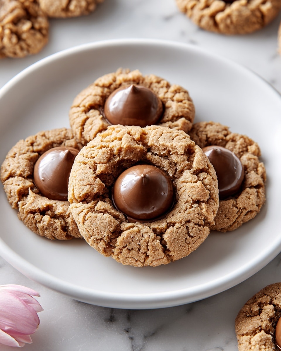 Large white round plate filled with a complete batch of soft, cracked peanut butter cookies, each topped with a whole round chocolate candy drizzled lightly with melted chocolate, arranged neatly and evenly spaced, surrounded by decorative speckled Easter eggs on a white marble countertop, natural lighting highlighting the warm textures and rich colors, professional food magazine hero shot, photo taken with an iphone --ar 4:5 --v 7
