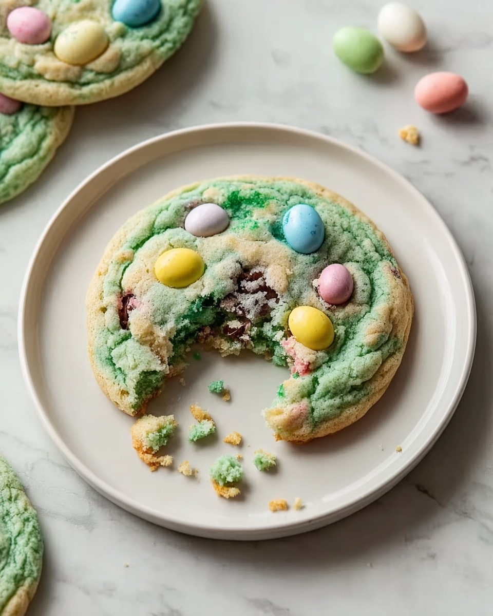 A pristine white plate fully stacked with multiple vibrant mint-green cookies embedded with colorful candy-coated chocolate eggs of yellow, pink, blue, and white, showcasing the intact round shapes with crisp edges and slightly raised texture, all presented on a white marble surface under natural light, styled as a professional food magazine hero shot, photo taken with an iphone --ar 4:5 --v 7