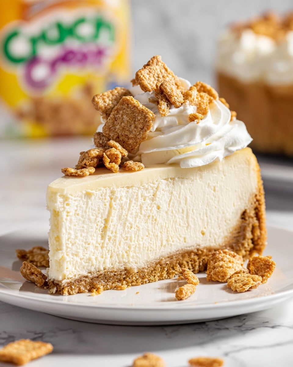 Full uncut cheesecake on a white plate with a thick, golden graham cracker crust, topped with a smooth creamy layer decorated with twelve evenly spaced swirls of whipped cream and scattered cinnamon toast crunch cereal pieces in the center, set on a white marble countertop with scattered cereal pieces around, bright natural lighting, professional food magazine hero shot taken with an iphone --ar 4:5 --v 7