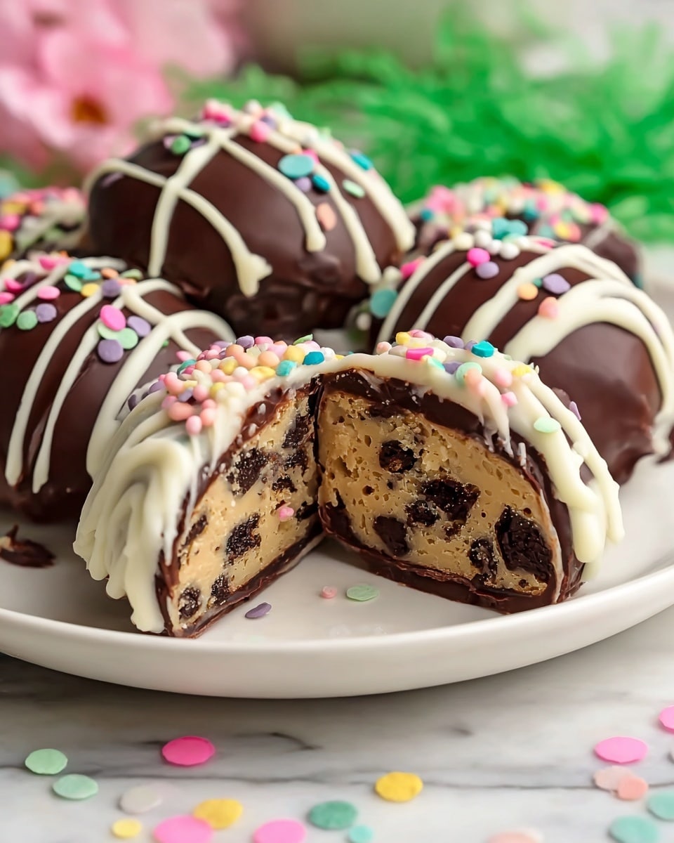 White round platter filled with a complete assortment of whole chocolate-covered cake balls, some coated in white chocolate, others in dark chocolate, each decorated with drizzled contrasting chocolate and topped with colorful pastel sprinkles and confetti-style candy pieces, arranged on a bed of green edible decorative grass, shot from a 3/4 angle on white marble background with natural lighting, styled like a professional food magazine hero shot, photo taken with an iphone --ar 4:5 --v 7