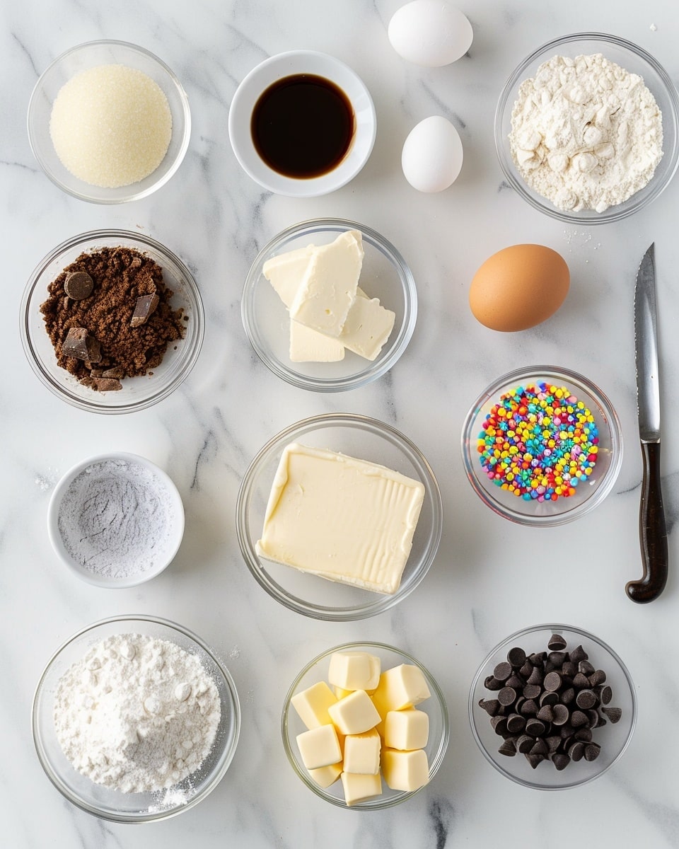 Single white plate holding a generous slice of chocolate chip cookie cake decorated with piped swirls of creamy frosting and colorful sprinkles on top, close-up angled view revealing the soft, dense interior embedded with chocolate chips and bursts of festive rainbow sprinkles, set on a white marble surface with natural lighting, styled like a food blog serving, photo taken with an iphone --ar 4:5 --v 7