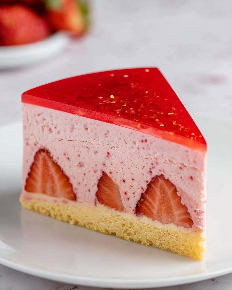 Whole, unsliced strawberry mousse cake on a white round cake stand, featuring a smooth red strawberry jelly top layer, a thick creamy mousse middle layer embedded with vertical strawberry halves around the edges, and a golden biscuit crumb base, styled beautifully to highlight the fresh strawberries inside, shot with natural lighting from a 3/4 angle on a white marble surface, professional food magazine hero shot photo taken with an iphone --ar 4:5 --v 7