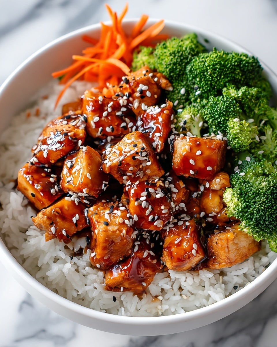 Large white bowl brimming with tender, glossy teriyaki chicken cubes sprinkled generously with black and white sesame seeds, surrounded by vibrant steamed broccoli florets, neatly julienned bright orange carrots, and fluffy white rice, all arranged to showcase the contrasting textures and colors, presented on a pristine white marble surface with natural lighting, professional overhead food photography, photo taken with an iphone --ar 4:5 --v 7