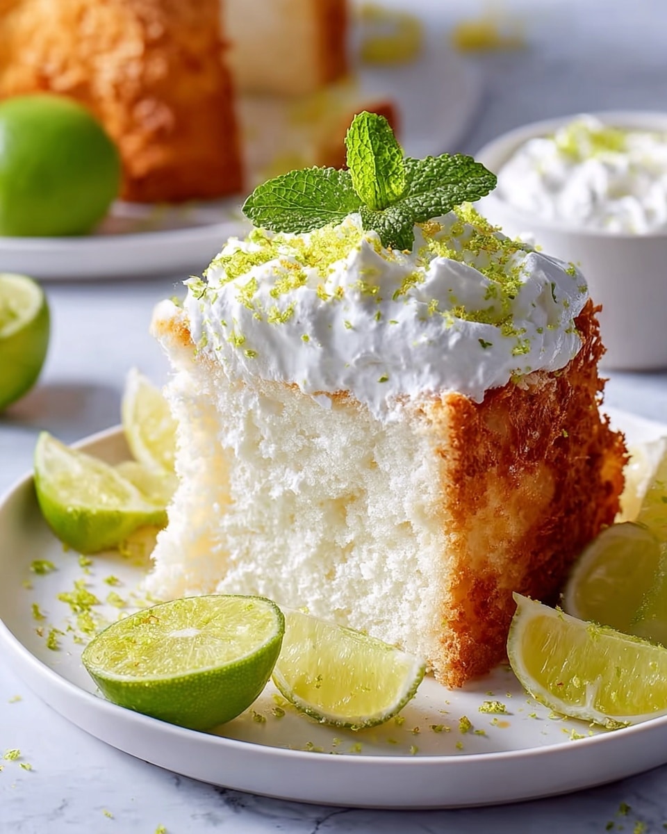 Whole round coconut lime cake on a large white ceramic plate, fully decorated with generous whipped cream topping, sprinkled toasted shredded coconut, and fresh lime zest, garnished with whole and halved limes arranged around the base, photographed from a 3/4 angle on a white marble countertop with natural lighting, professional food magazine style hero shot, photo taken with an iphone --ar 4:5 --v 7