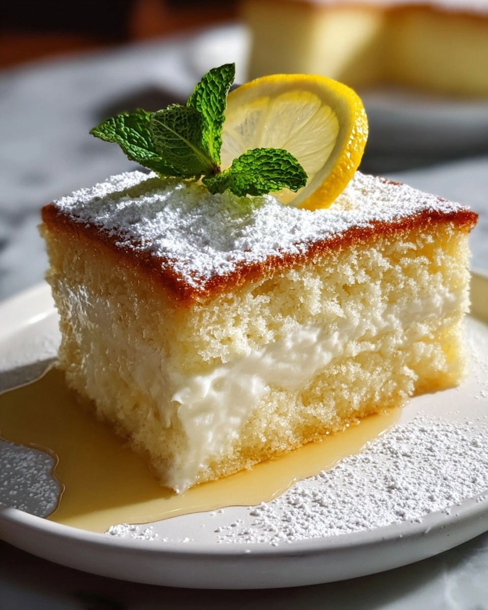 An entire rectangular tres leches cake presented on a large white serving platter, featuring a moist and fluffy golden-brown top dusted generously with powdered sugar, and fully saturated with rich milk syrup visibly pooling around the edges. The whole cake is decorated beautifully with thin slices of fresh lemon and sprigs of green mint leaves arranged evenly on top, showcasing a perfect balance of creamy texture and vibrant accent. The entire dish is captured in a professional 3/4 angle shot on a clean white marble countertop with natural lighting, emphasizing the indulgence of the dessert in a food magazine style. photo taken with an iphone --ar 4:5 --v 7