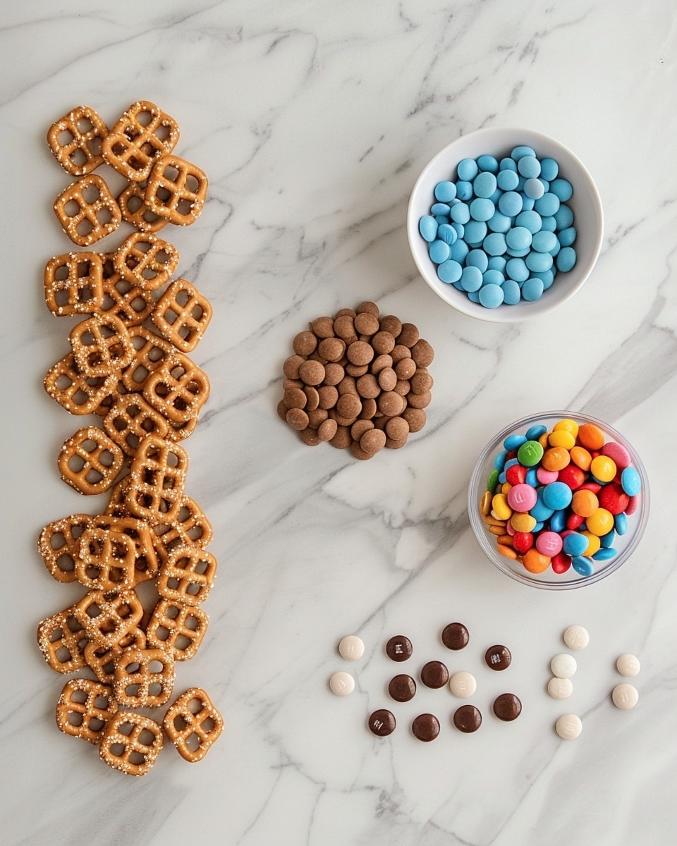 Single white bowl containing a modest serving of colorful pretzel bites topped with swirled white and milk chocolate and a single bright candy coated chocolate piece in the center, close-up angled shot highlighting the glossy texture of the chocolate and the crunchy pretzel edges, garnished with scattered pastel candies around the bowl on a white marble surface, natural lighting enhancing the vibrant colors, styled like a food blog individual plated serving photo taken with an iphone --ar 4:5 --v 7