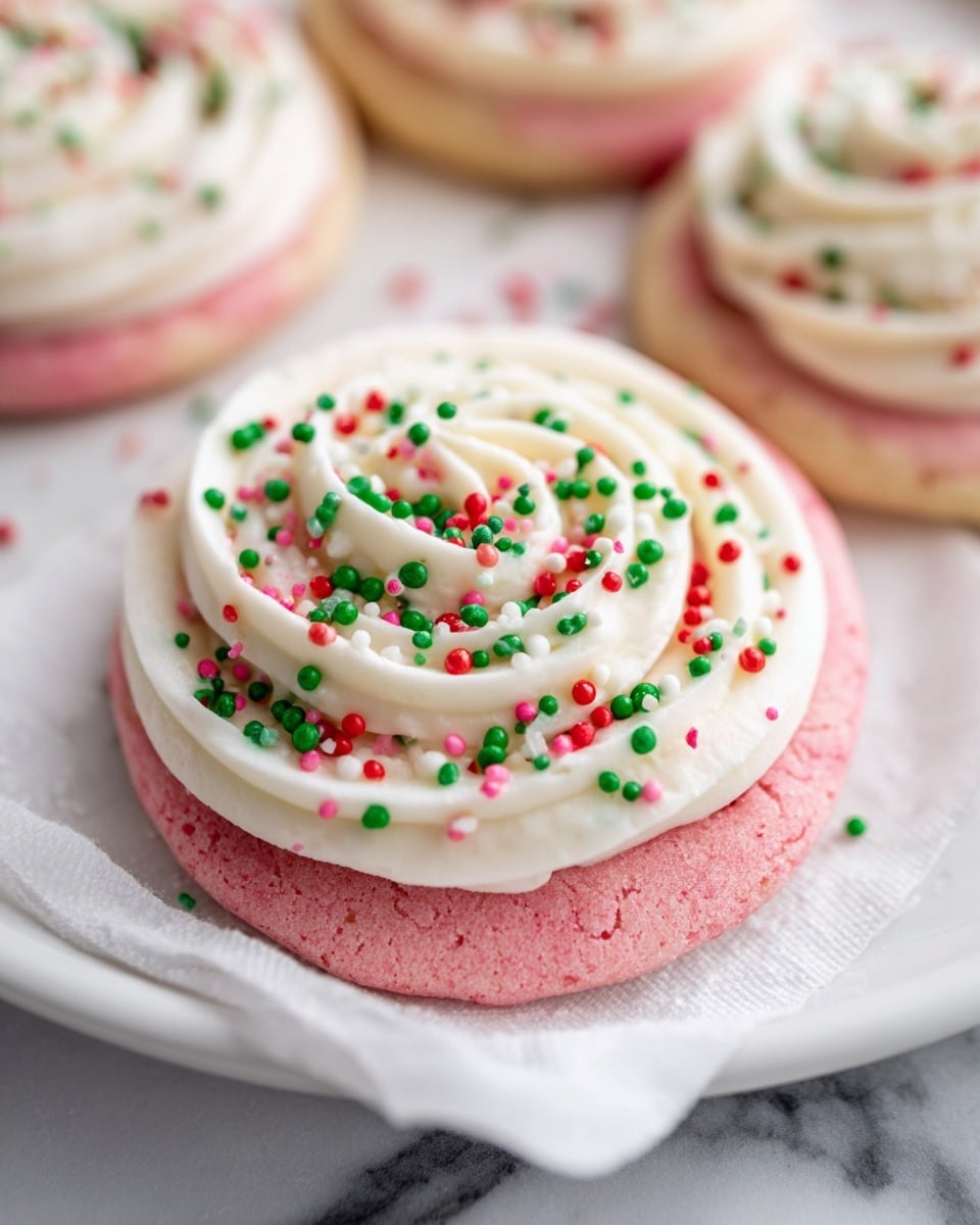 A white rectangular platter filled with a dozen perfectly round pink sugar cookies, each topped with a spiral of smooth white frosting and sprinkled with festive red, green, and pink sprinkles, the cookies arranged in neat rows on a crumpled white parchment paper, photographed from a 3/4 angle on a white marble countertop with natural lighting, styled as a hero shot from a food magazine, photo taken with an iphone --ar 4:5 --v 7