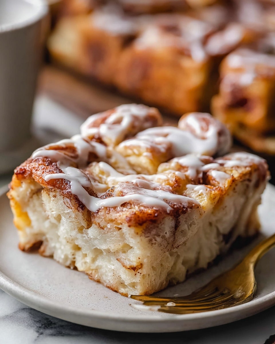 A large white rectangular baking dish filled with freshly baked cinnamon roll casserole, featuring fluffy layers of golden brown dough swirled generously with cinnamon and sugar, topped with a drizzle of creamy white icing melting into every nook, whole dish presented from a 3/4 angle on a white marble countertop with natural lighting, styled as a professional food magazine hero shot photo taken with an iphone --ar 4:5 --v 7