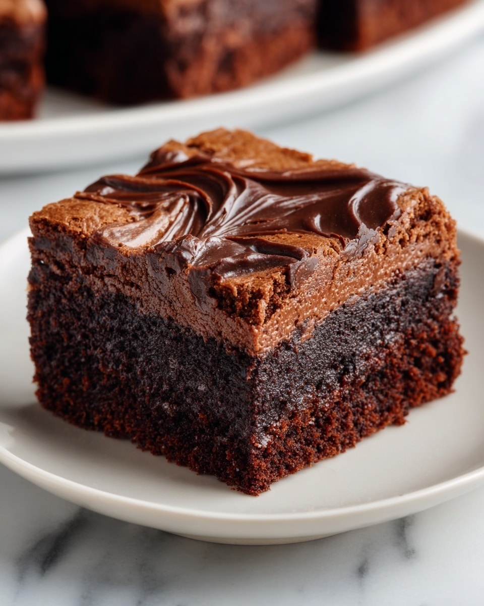 Whole rectangular chocolate brownie cake on a large white plate, each section topped with smooth, glossy chocolate frosting with subtle decorative swirls, showing the complete uncut cake with rich, dense texture visible along the edges, set against a white marble background with natural lighting, professional overhead food magazine style photo taken with an iphone --ar 4:5 --v 7