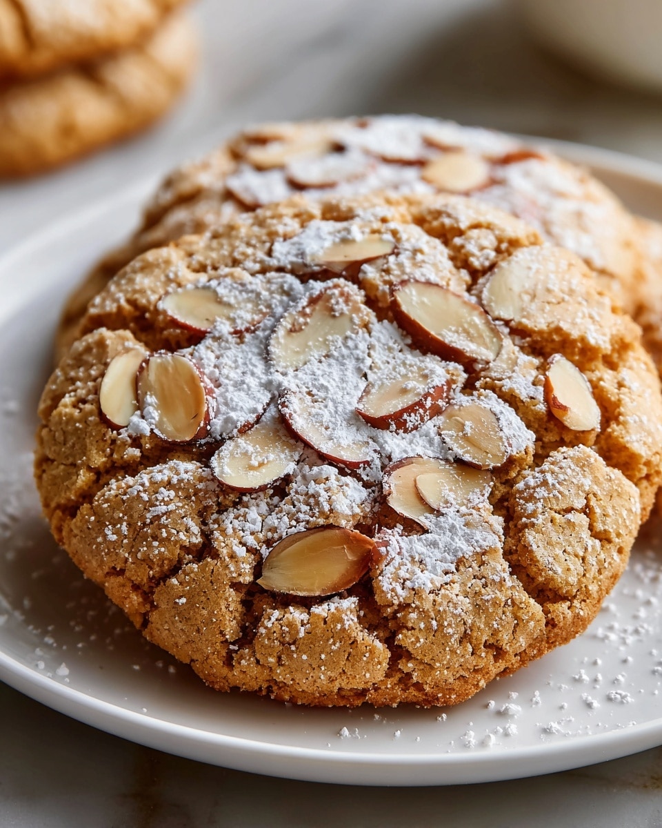 Large white plate piled with a full batch of golden almond cookies, each cookie generously topped with thinly sliced almonds and lightly dusted with powdered sugar, arranged neatly to showcase their crisp edges and soft centers, photographed from a 3/4 angle on a white marble countertop with natural lighting, professional food magazine hero shot photo taken with an iphone --ar 4:5 --v 7