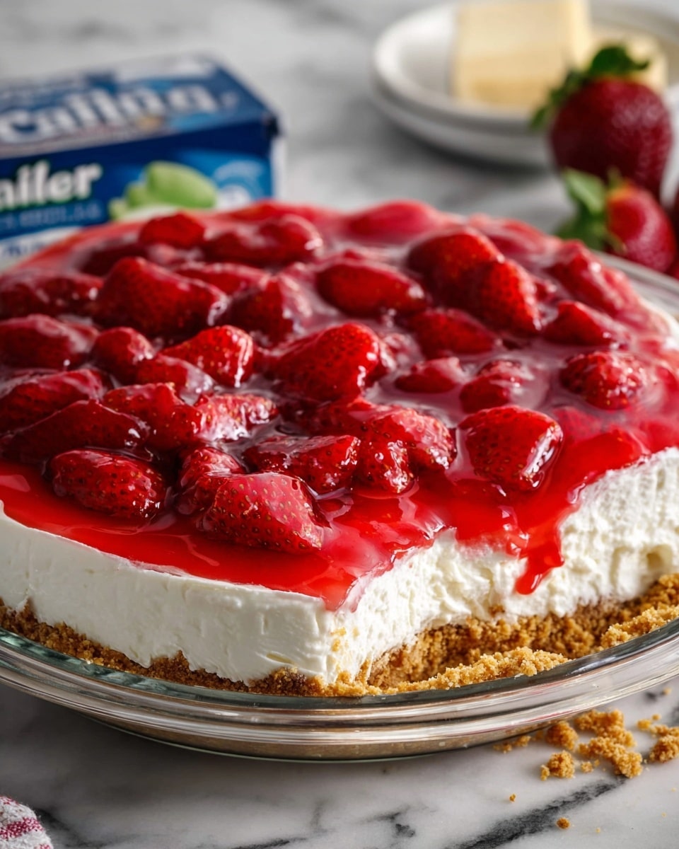 Whole round strawberry cheesecake in a clear glass pie dish, featuring a thick, creamy white cheesecake layer atop a golden graham cracker crust, generously topped with whole glazed strawberries and glossy vibrant red strawberry topping, shot from a 3/4 angle with professional food styling on a white marble countertop in natural lighting, entire dish in frame, heroic food magazine style photo taken with an iphone --ar 4:5 --v 7