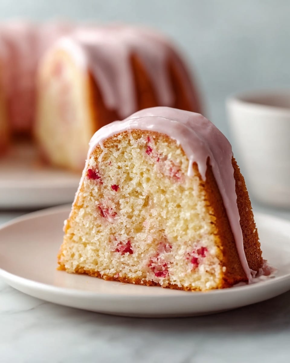 Whole bundt cake displayed on a large white cake stand, featuring a golden-brown exterior studded with juicy red raspberries, generously covered in a smooth, glossy pink glaze that cascades evenly down the sides, highlighting the intricate ridges of the bundt shape, set against a white marble background with natural lighting, professional food magazine style hero shot photo taken with an iphone --ar 4:5 --v 7