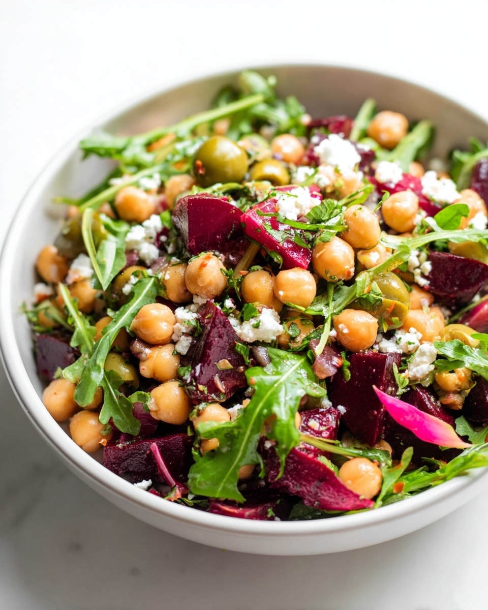 Large white serving bowl filled with a vibrant mixed salad featuring whole chickpeas, crisp arugula leaves, chunks of roasted beets, green olives, and sprinkled with crumbled feta cheese, presented as a generous full portion of salad with a bright, fresh appearance, photographed from above on a white marble countertop, natural lighting, professional food magazine hero shot, photo taken with an iphone --ar 4:5 --v 7