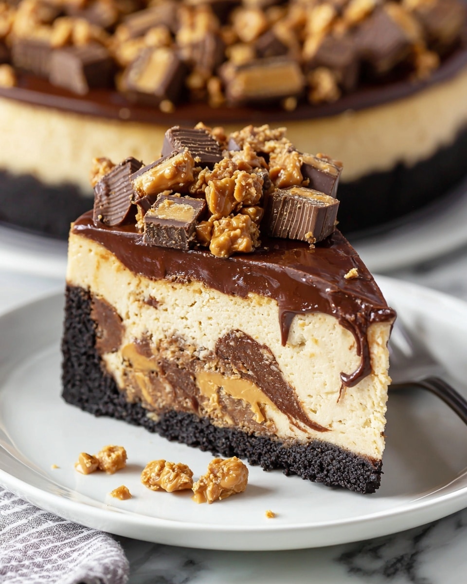 Whole round chocolate and peanut butter cheesecake on a white ceramic plate, featuring a thick, crumbly chocolate crust, a smooth and creamy peanut butter layer, topped with a glossy chocolate ganache and generously covered with chopped mini peanut butter cups, set on a white marble countertop with natural lighting, professional food magazine hero shot photo taken with an iphone --ar 4:5 --v 7