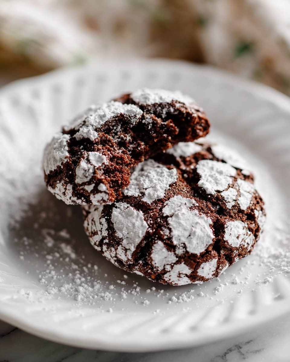 A pristine white plate filled with a full batch of chocolate crinkle cookies arranged in a neat stack and spread out, each cookie richly coated in powdered sugar with characteristic deep cracks revealing the dark fudgy interior, capturing the rustic homemade texture. The plate is set on a white marble countertop with natural light softly highlighting the powdered sugar and the cookies’ rich chocolate color, styled for a professional food magazine hero shot, photo taken with an iphone --ar 4:5 --v 7