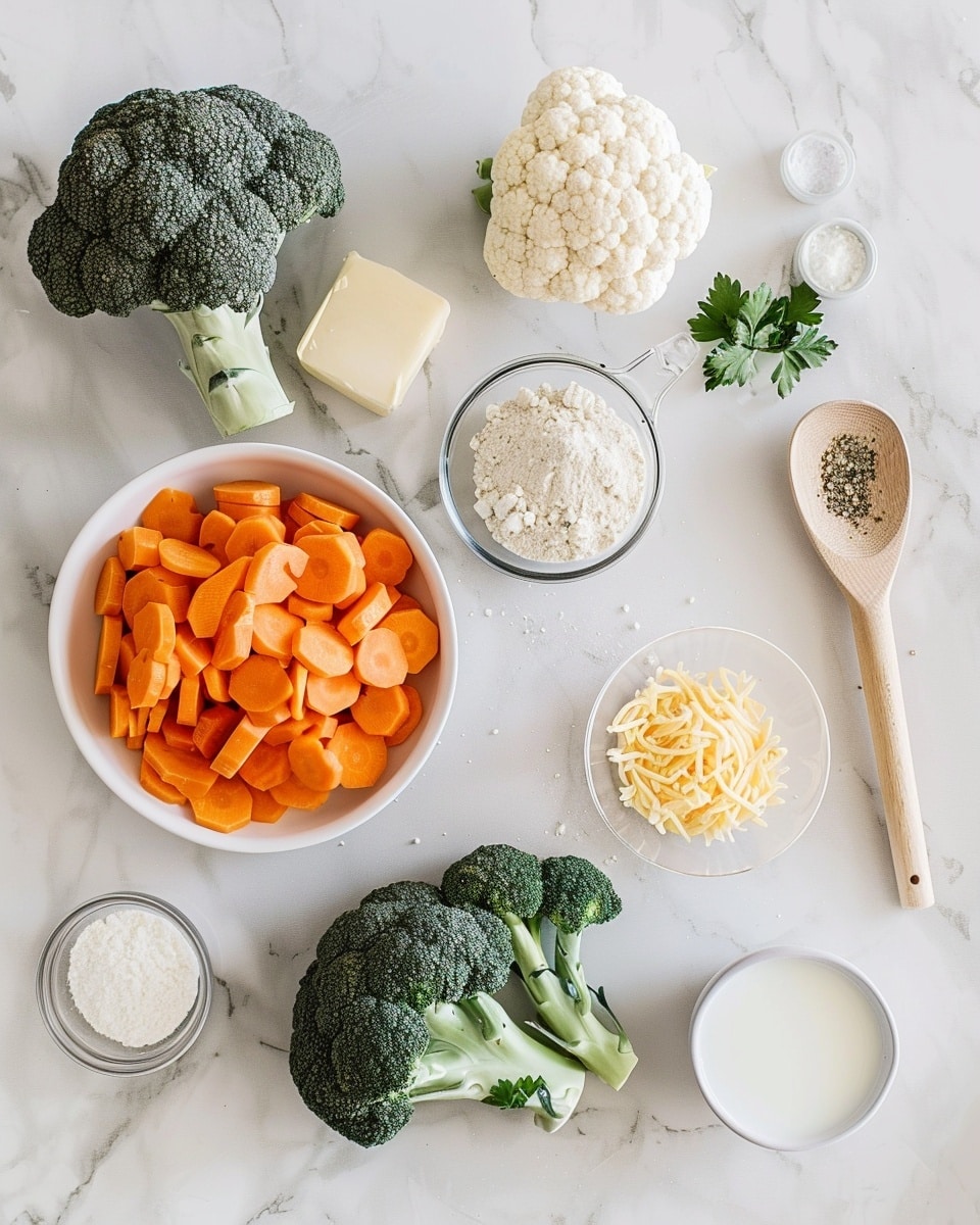Single white plate featuring one portion of creamy vegetable gratin with chunky florets of roasted broccoli, cauliflower, and diced carrots, topped with a golden-brown crust of melted cheese and sprinkled fresh herbs, close-up angled view revealing the rich, cheesy interior layers and tender vegetables, set on a white marble surface under natural lighting, styled as an intimate plated serving from a food blog, photo taken with an iphone --ar 4:5 --v 7