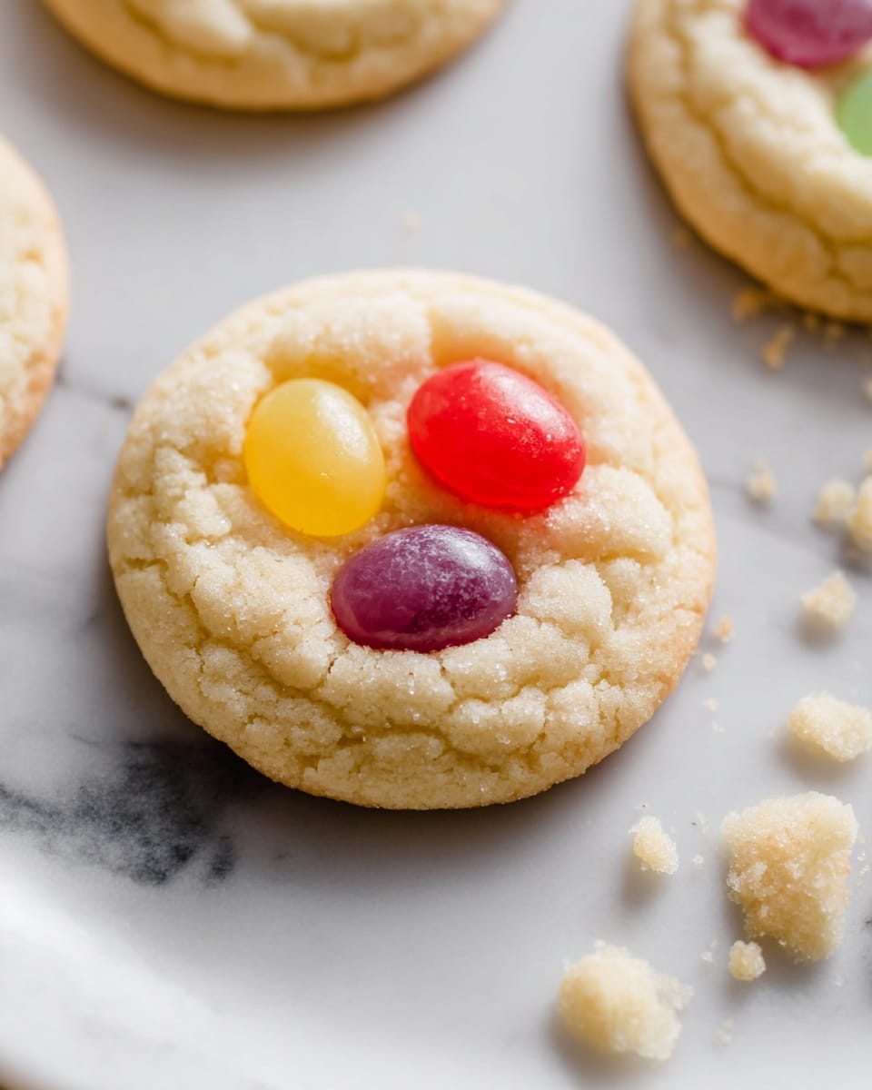 White rectangular platter filled with a full batch of soft sugar cookies, each topped with three colorful jelly beans in various combinations of red, yellow, green, purple, and white, cookies arranged closely together covering the entire platter, photographed from above on a pristine white marble countertop, natural lighting highlighting the delicate texture and vibrant candy colors, professional food magazine style hero shot photo taken with an iphone --ar 4:5 --v 7