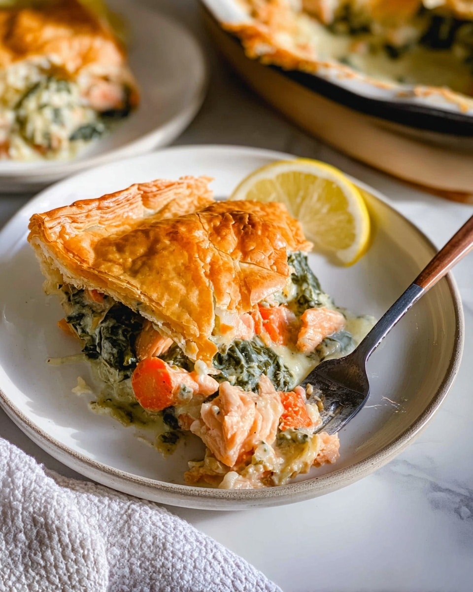 Large black cast iron skillet filled with whole spinach and artichoke dip baked under an evenly golden, glossy puff pastry crust, showcasing a rustic patchwork of puff pastry squares covering the creamy, bubbling dip beneath, all placed on a round wooden trivet on a white marble surface, accompanied by gold serving utensils and a fresh lemon beside it, photographed from a 3/4 angle with natural lighting, professional food magazine style photo taken with an iphone --ar 4:5 --v 7