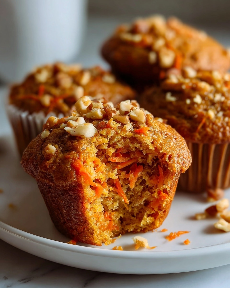 A large white serving platter filled with a dozen fresh carrot muffins, each topped with visible chunks of carrot and chopped nuts, arranged neatly to showcase their moist texture and golden-brown tops, presented on a white marble countertop with natural lighting highlighting the warm tones of the muffins, professional food styling photo taken with an iphone --ar 4:5 --v 7