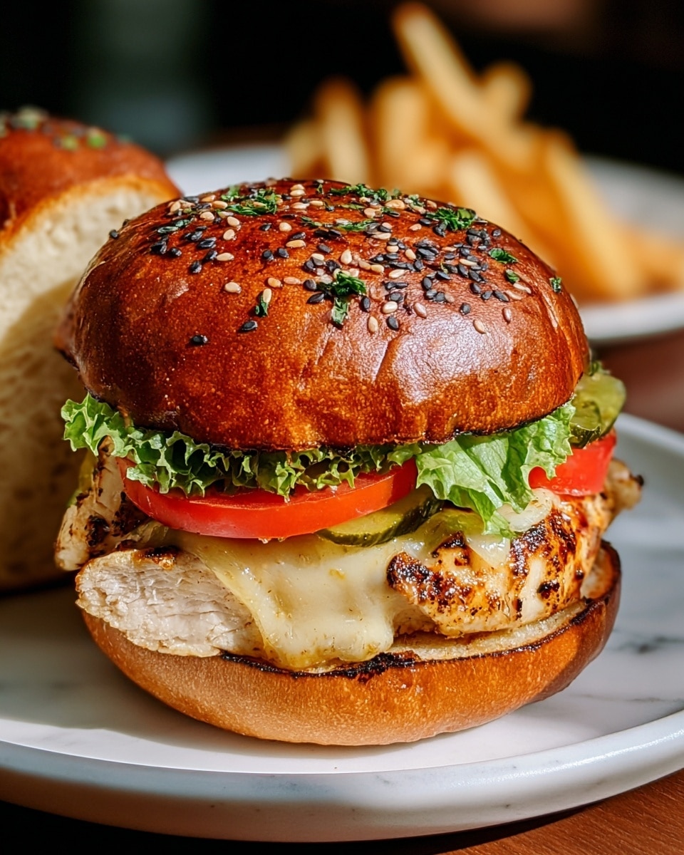 White plate with a whole grilled chicken sandwich featuring a sesame and black seed topped brioche bun, loaded with a perfectly seasoned and juicy grilled chicken patty, melted cheese, fresh crisp lettuce, and slices of ripe tomato and cucumber, accompanied by a generous serving of golden French fries on the side, styled as a vibrant and appetizing full meal, photographed from a 3/4 angle on a white marble background with natural lighting, professional food magazine hero shot photo taken with an iphone --ar 4:5 --v 7