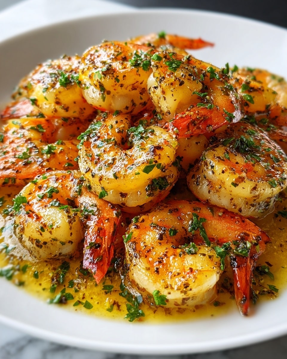 Large white rectangular serving dish filled with an abundant portion of golden, seared shrimp, generously coated in a garlic herb butter sauce with visible flecks of cracked black pepper and fresh chopped parsley, the shrimp arranged neatly to showcase their plump texture and vibrant orange tails, whole dish photographed at a slight 3/4 angle on a white marble countertop under natural lighting, styled as a professional food magazine hero shot photo taken with an iphone --ar 4:5 --v 7