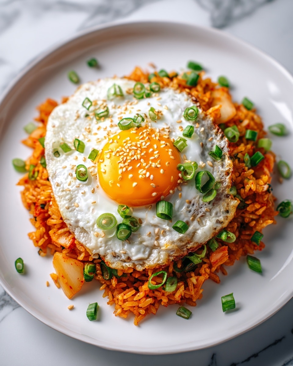 Large white bowl filled with a generous serving of vibrant kimchi fried rice, mixed with tender bits of kimchi and vegetables, topped with a perfectly cooked sunny-side-up egg with a bright, runny yolk, sprinkled generously with toasted sesame seeds and finely chopped green onions, multiple bowls arranged together on a white marble countertop, natural lighting highlighting the glossy texture of the rice and freshness of garnishes, professional food magazine hero shot, photo taken with an iphone --ar 4:5 --v 7