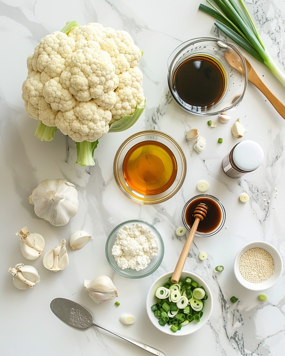 Single white plate serving of crispy cauliflower florets generously coated in a glossy, thick, dark sticky sauce, resting on a bed of fluffy white rice, garnished with finely chopped green onions and small diced red and yellow peppers, close-up angled view highlighting the crispy exterior and saucy texture, visible contrast between the tender cauliflower and fluffy rice beneath, placed on a white marble background, natural lighting for a fresh food blog style presentation, photo taken with an iphone --ar 4:5 --v 7