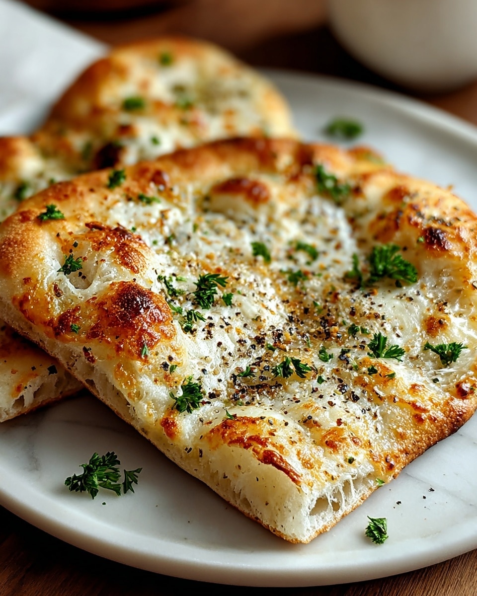Large white rectangular baking tray filled with whole freshly baked flatbread topped generously with melted mozzarella and ricotta cheeses, sprinkled with cracked black pepper, dried herbs, and scattered fresh parsley leaves, showcasing a golden-brown bubbly crust, whole dish perfectly captured from a slight 3/4 angle on a white marble countertop with natural lighting, professional food styling photo taken with an iphone --ar 4:5 --v 7