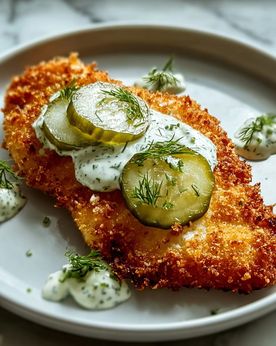 Large white serving platter displaying multiple golden brown, crispy fried fish fillets topped generously with creamy dill sauce and a slice of tangy pickles on each, arranged neatly on a white marble countertop under natural lighting, professional food styling, whole dish shown from a 3/4 angle, photo taken with an iphone --ar 4:5 --v 7