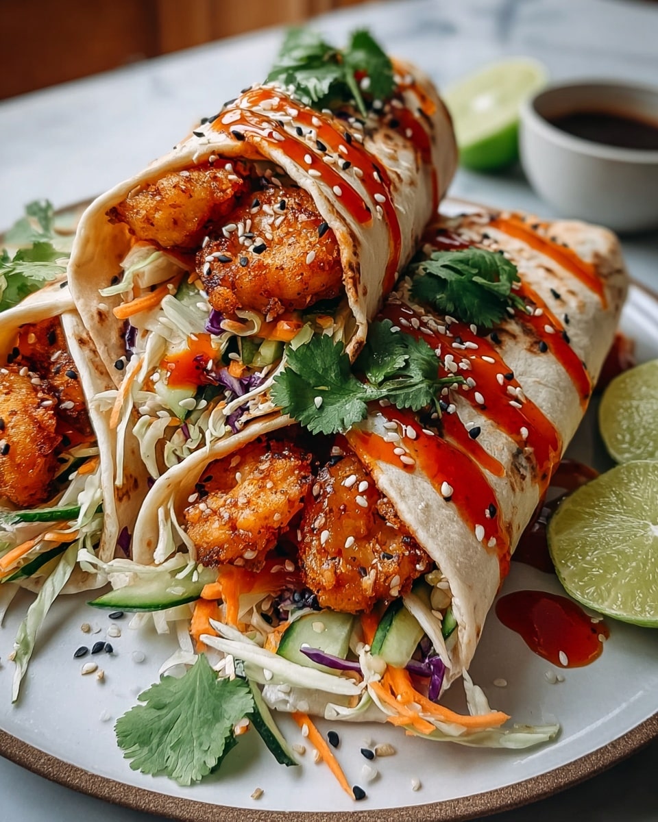 Three large white plates each holding three whole, uncut soft flour tortillas generously filled with crispy fried cauliflower bites, fresh shredded cabbage, julienned carrots, and cucumber strips, drizzled evenly with glossy sweet chili sauce and sprinkled with black and white sesame seeds, garnished with fresh cilantro leaves, arranged on a white marble surface with natural light highlighting the vibrant colors, professional food styling photo taken with an iphone --ar 4:5 --v 7