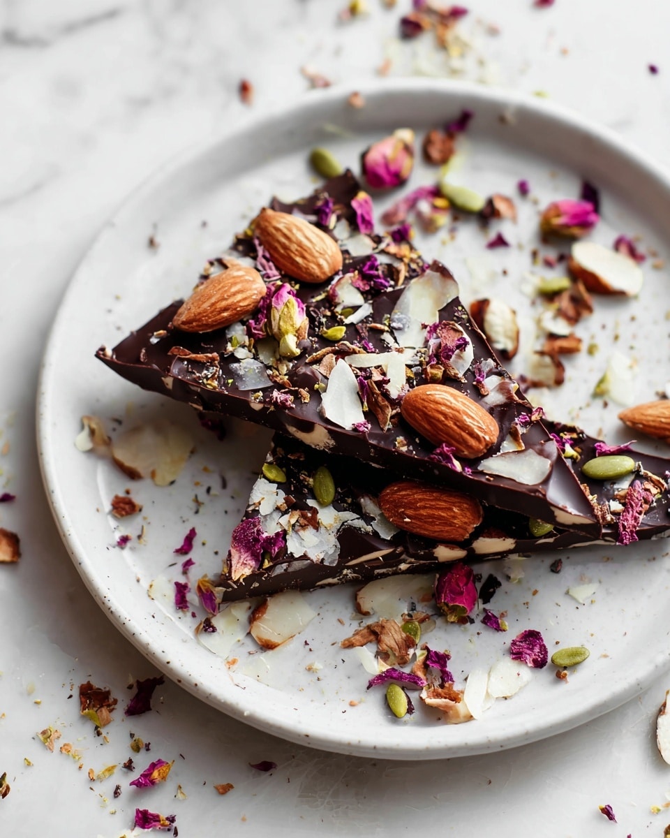 Large white rectangular baking pan filled with smooth, rich dark chocolate bark evenly spread and decorated with whole almonds, pumpkin seeds, dried rose petals, delicate chamomile flowers, and sprinkled sea salt, the entire uncut bark arranged elegantly in the pan with natural lighting highlighting the textures on a white marble background, professional food magazine hero shot photo taken with an iphone --ar 4:5 --v 7