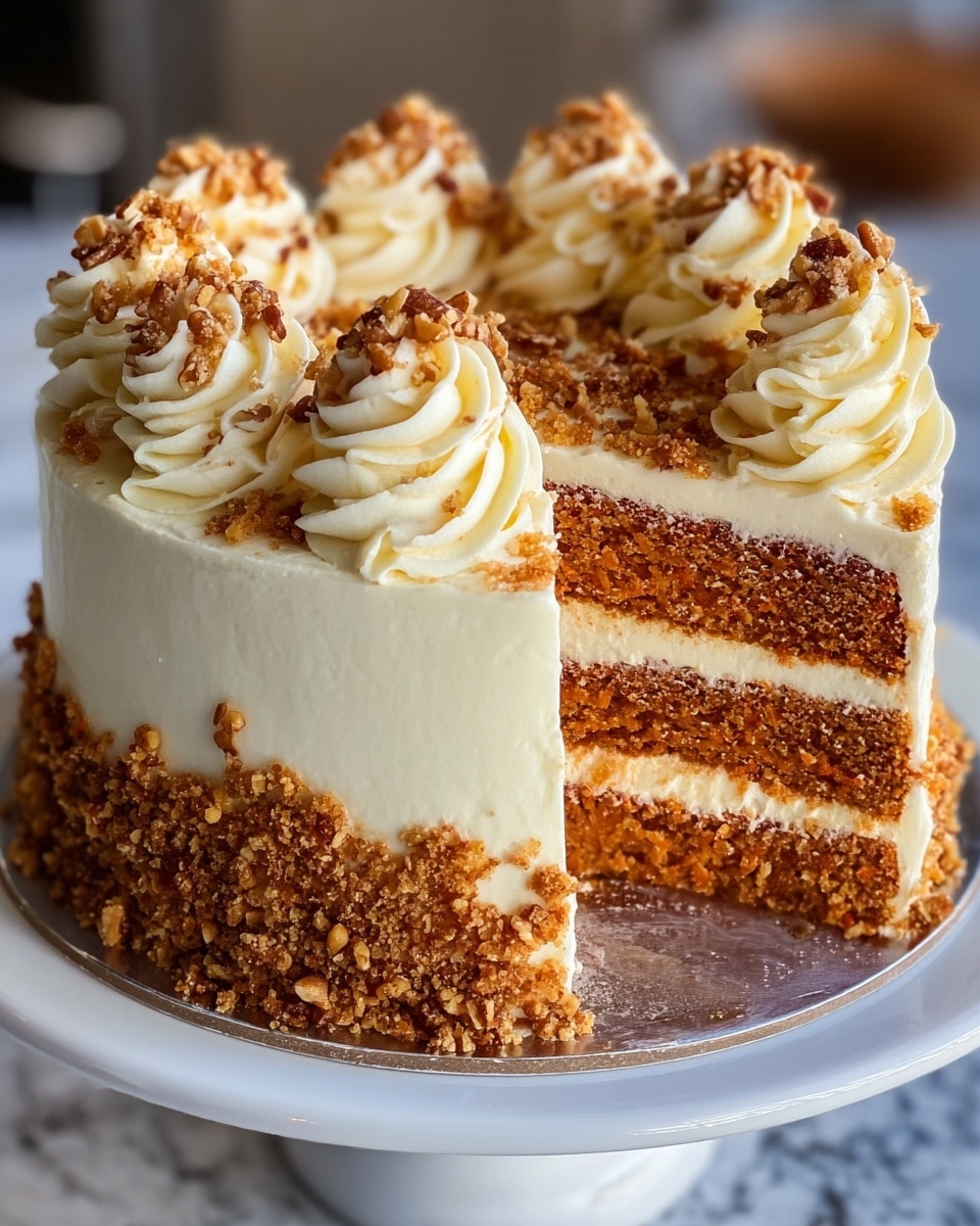 Whole round cake on a white cake stand, elegantly frosted with smooth creamy white icing, decorated with evenly spaced swirls of piped cream topped with crumbled brown sugar bits and walnut halves, the base of the cake generously coated in a mixture of crunchy brown crumbs, all displayed on a white marble countertop with natural lighting to highlight the texture and detail, professional food magazine style hero shot taken with an iphone --ar 4:5 --v 7