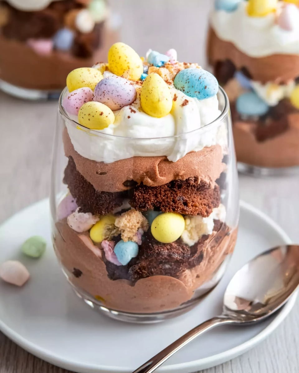 A large white rectangular serving dish filled with layers of rich chocolate mousse, generous squares of moist chocolate cake, and whole pastel-colored candy eggs arranged throughout, topped evenly with fluffy whipped cream and additional pastel candy eggs for decoration, presented as a complete, unserved dessert, photographed from a 3/4 angle on a white marble countertop under natural lighting, styled like a magazine hero shot, photo taken with an iphone --ar 4:5 --v 7