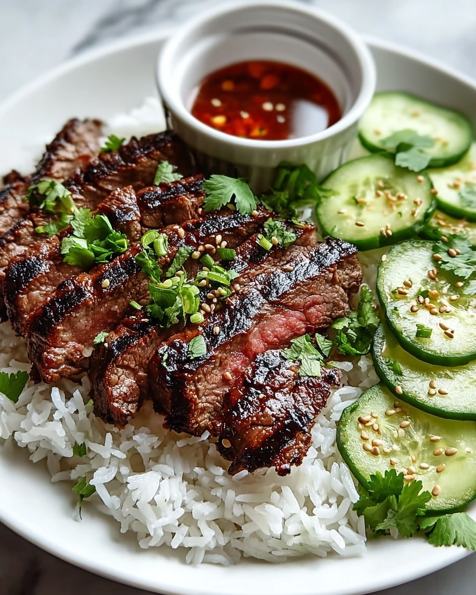 Large white plate filled with an entire grilled steak, cooked to medium rare with prominent char grill marks, resting alongside a generous serving of fluffy white rice, fresh crisp cucumber slices arranged neatly, and a small bowl of vibrant red dipping sauce topped with sesame seeds and chopped herbs, garnished with chopped fresh cilantro, whole dish photographed from a 3/4 angle on a white marble countertop, natural lighting, professional food styling photo taken with an iphone --ar 4:5 --v 7