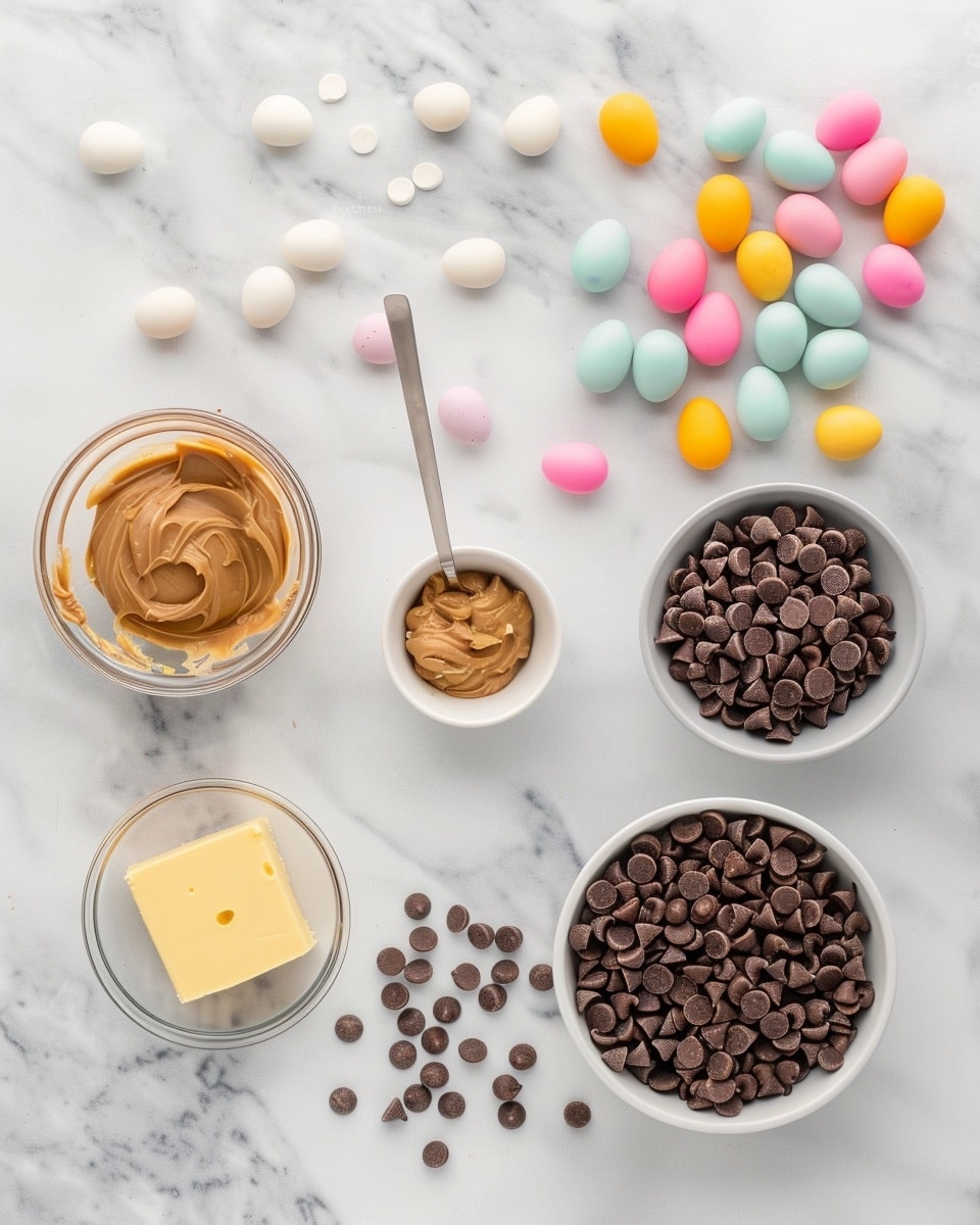 Single white plate featuring one chocolate crispy rice nest filled with three pastel-colored candy eggs, close-up angled shot highlighting the glossy, textured clusters of chocolate and crispy rice, showing depth and intricate detail of the nest’s interior, natural lighting casting soft shadows on the white marble surface, styled as a delicate, individual serving from a food blog, photo taken with an iphone --ar 4:5 --v 7