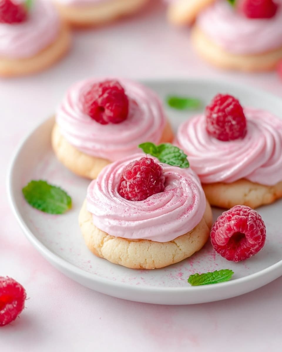 White oval platter filled with a complete arrangement of delicate thumbprint cookies topped with swirls of pale pink raspberry cream, each cookie uniformly baked to a golden hue, garnished with fresh whole raspberries and bright green mint leaves scattered artfully around, all set against a white marble background with natural lighting, professional food magazine style hero shot, photo taken with an iphone --ar 4:5 --v 7
