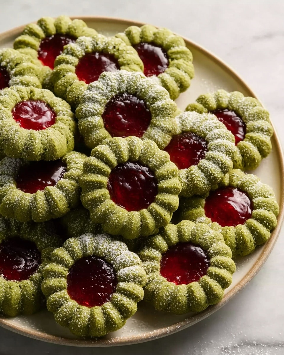 A large white serving platter arranged with multiple whole green matcha cookies, each featuring a glossy, vibrant red jam center and dusted lightly with powdered sugar, the cookies evenly spaced and artistically layered to showcase their scalloped edges and consistent texture, photographed from a 3/4 angle that captures the entire platter on a white marble countertop with natural lighting, styled as a professional food magazine hero shot, photo taken with an iphone --ar 4:5 --v 7