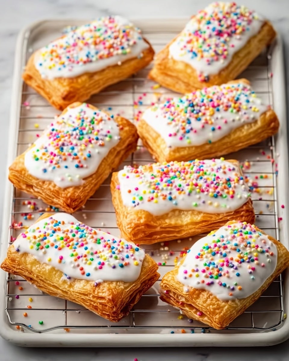 A full white rectangular baking tray filled with a batch of freshly baked, golden puff pastry toaster pastries topped with a thick layer of smooth white icing and sprinkled generously with colorful round sprinkles, each pastry perfectly rectangular and neatly arranged in rows, displayed from a three-quarter angle on a white marble countertop with natural lighting highlighting the flaky, crisp pastry texture, styled as a professional food magazine hero shot, photo taken with an iphone --ar 4:5 --v 7