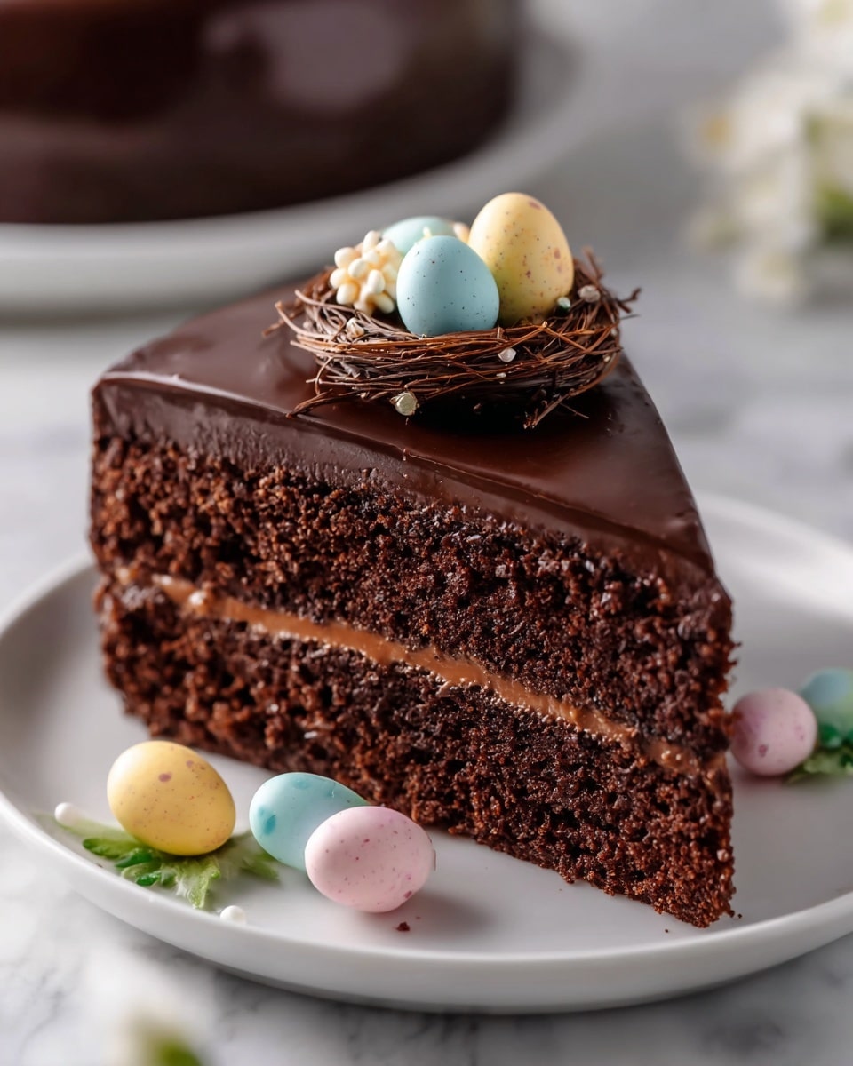A whole round chocolate cake covered in glossy dark chocolate ganache dripping slightly over the edges, decorated on top with an intricate edible nest made of fine chocolate strands, filled with pastel-colored candy eggs in soft pink, blue, yellow, and white, sitting on a large white cake stand, photographed from a 3/4 angle on a white marble background with natural light, styled professionally as a hero shot from a food magazine, photo taken with an iphone --ar 4:5 --v 7
