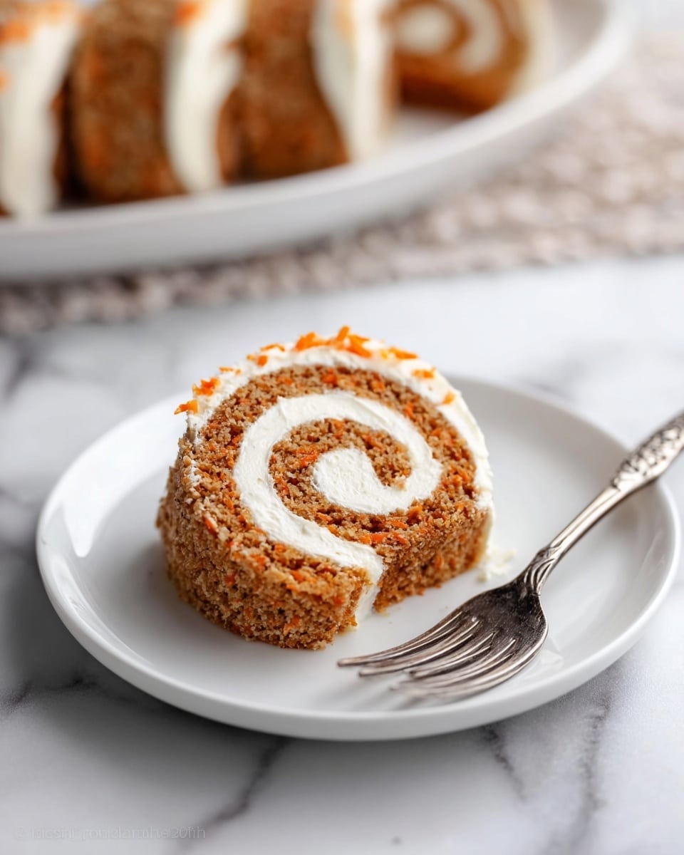 Whole carrot cake roll displayed on a large white rectangular platter, perfectly rolled with a rich, moist carrot sponge cake spiraled around a smooth, creamy white frosting filling, the entire cake roll intact and uncut, showcasing its beautiful swirl pattern, photographed from above on a white marble countertop with natural lighting, styled as a professional food magazine hero shot photo taken with an iphone --ar 4:5 --v 7